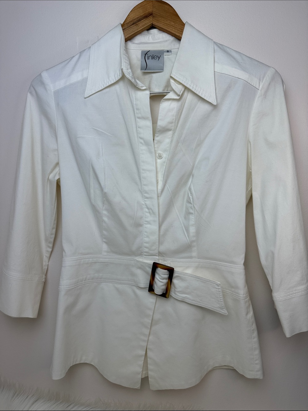 Finley Open Back 3/4 Sleeve Cream Collared Belted Button Down Shirt Top Sz Small